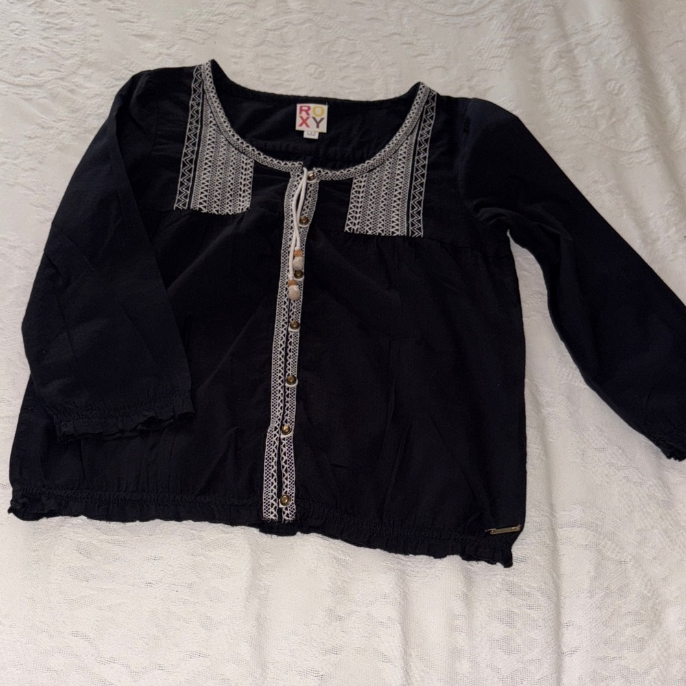 Gently Loved Roxy Blue Blouse with White Embroidered Detailing Boho Style
